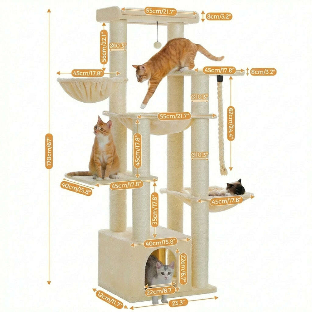 Schéma des dimensions de l'arbre à chat : hauteur 170 cm, plateformes 45 à 55 cm, poteaux Ø 10,3 cm, niche 40 cm