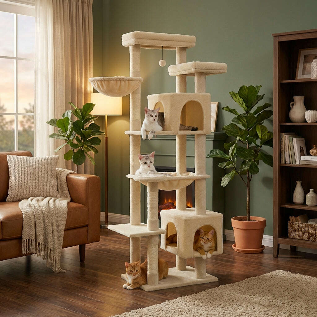 Grand arbre à chat beige dans un salon vert avec canapé en cuir, cheminée, plante et trois chats installés dessus