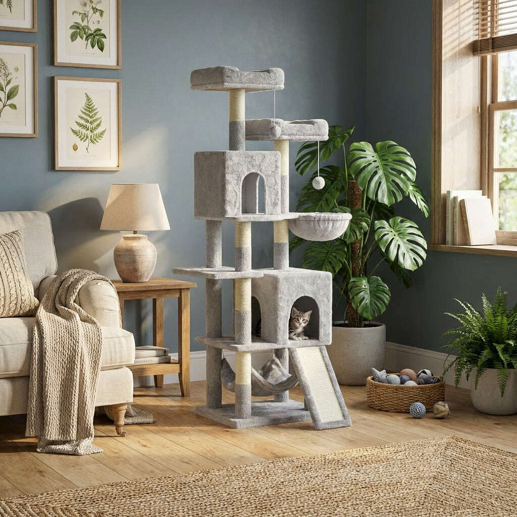 Grand arbre à chat gris dans un salon bleu-gris, près d'un canapé beige et d'un monstera, chaton dans la niche