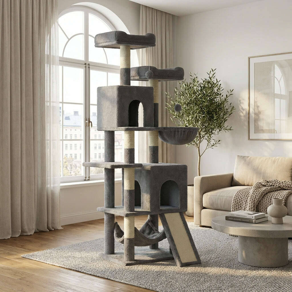Grand arbre à chat gris installé dans un salon lumineux devant une haute fenêtre cintrée