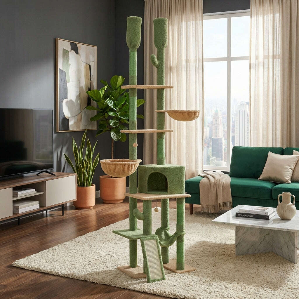 Arbre à chat cactus dressé près d'un canapé vert et d'une baie vitrée, avec un chat perché sur la plateforme