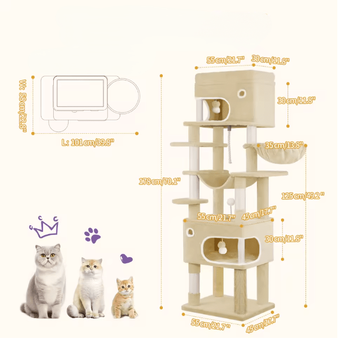 Schéma des dimensions de l'arbre à chat beige : 178 cm de haut, base 55 × 45 cm, niches de 30 cm, panier de 35 cm