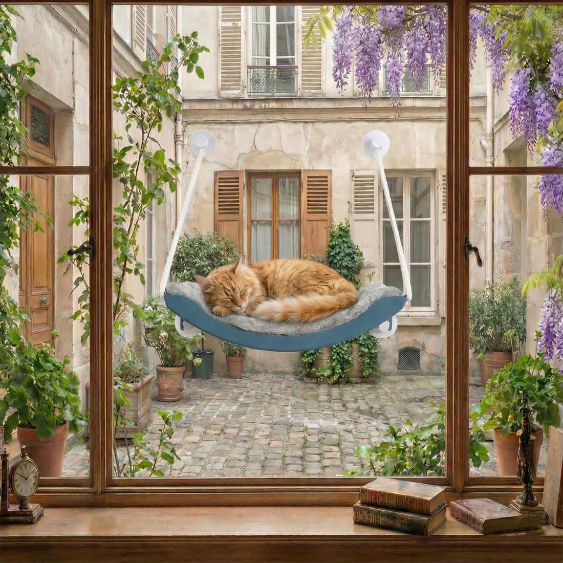 Chat roux sommeillant sur un hamac bleu accroché à une fenêtre en bois avec vue sur une cour