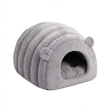 Grotte moelleuse grise pour chat en peluche, dôme rayé avec petites oreilles et coussin intérieur