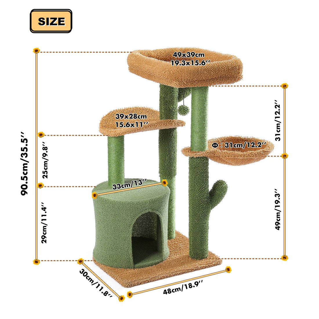 Cotes du perchoir cactus pour chat : plateau 49 × 39 cm, demi-lune 39 × 28 cm, hamac de 31 cm, niche de 33 cm
