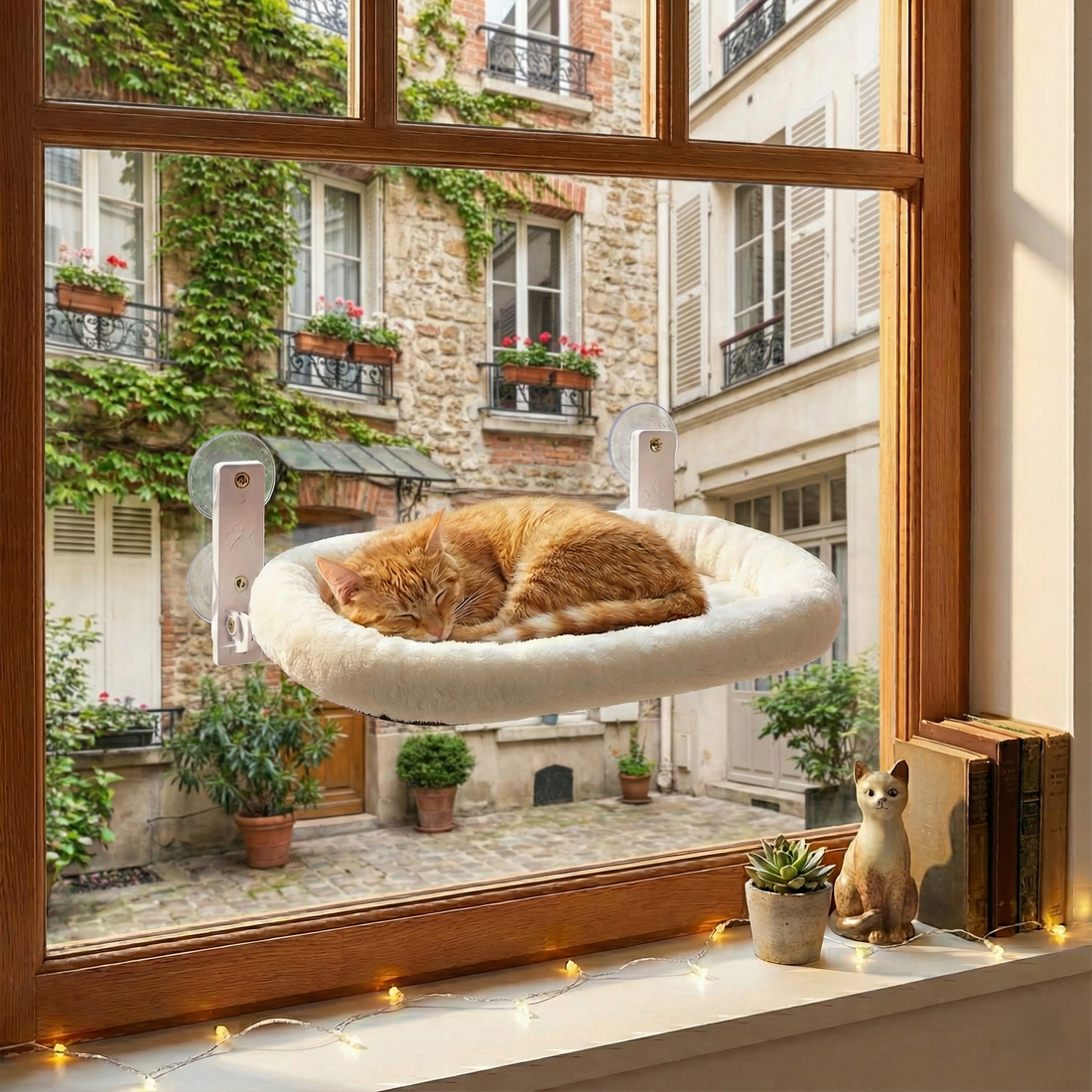 Chat roux endormi dans un hamac crème posé contre une fenêtre en bois, cour parisienne en fond