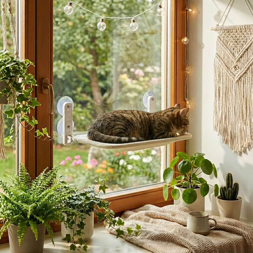 Chat tigré allongé sur une tablette de vitre beige à ventouses, face à un jardin fleuri