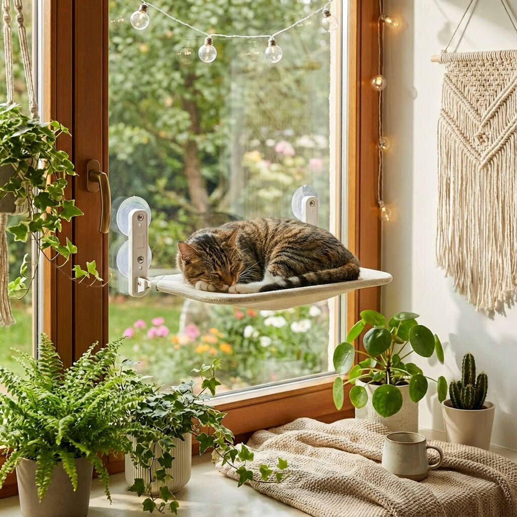 Chat tigré endormi en boule sur un lit de fenêtre beige fixé à la vitre, entouré de plantes vertes