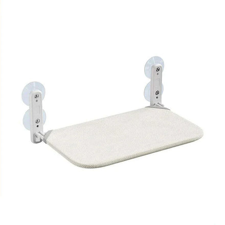 Perchoir de fenêtre pour chat à ventouses, assise en tissu beige et supports blancs, vue de trois quarts