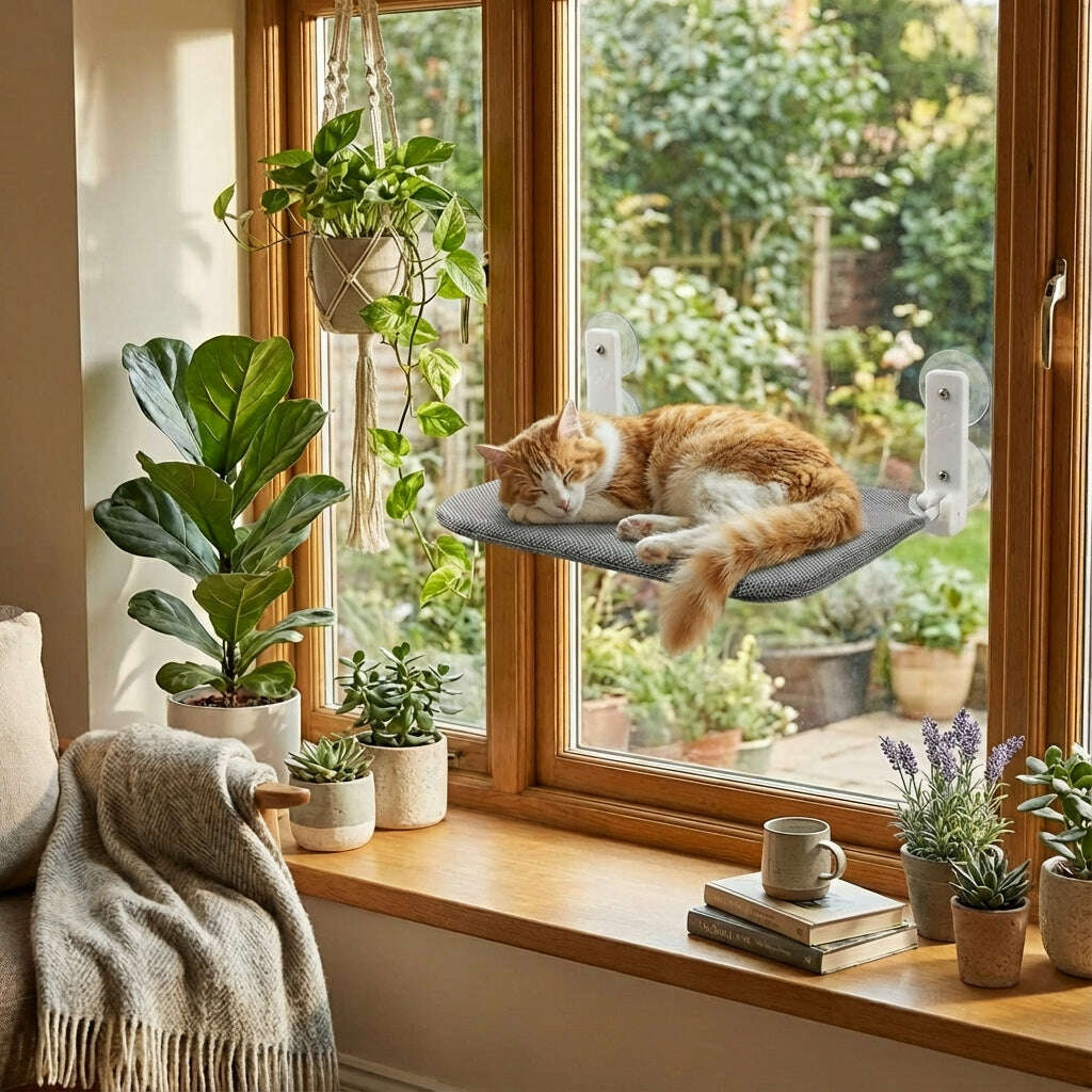 Chat roux et blanc dormant sur un siège de vitre gris fixé par ventouses, près d'une fenêtre en bois