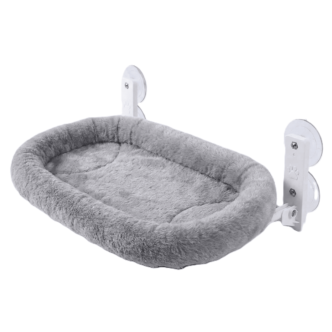 Hamac de fenêtre pour chat en peluche grise, fixé par deux supports blancs à ventouses