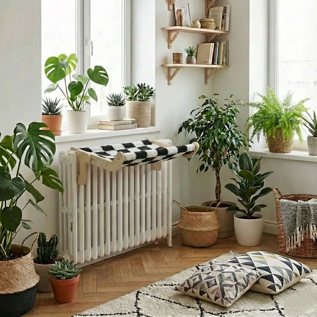 Hamac de radiateur pour chat en bois clair avec toile peluche à damier noir et blanc, vu de trois quarts
