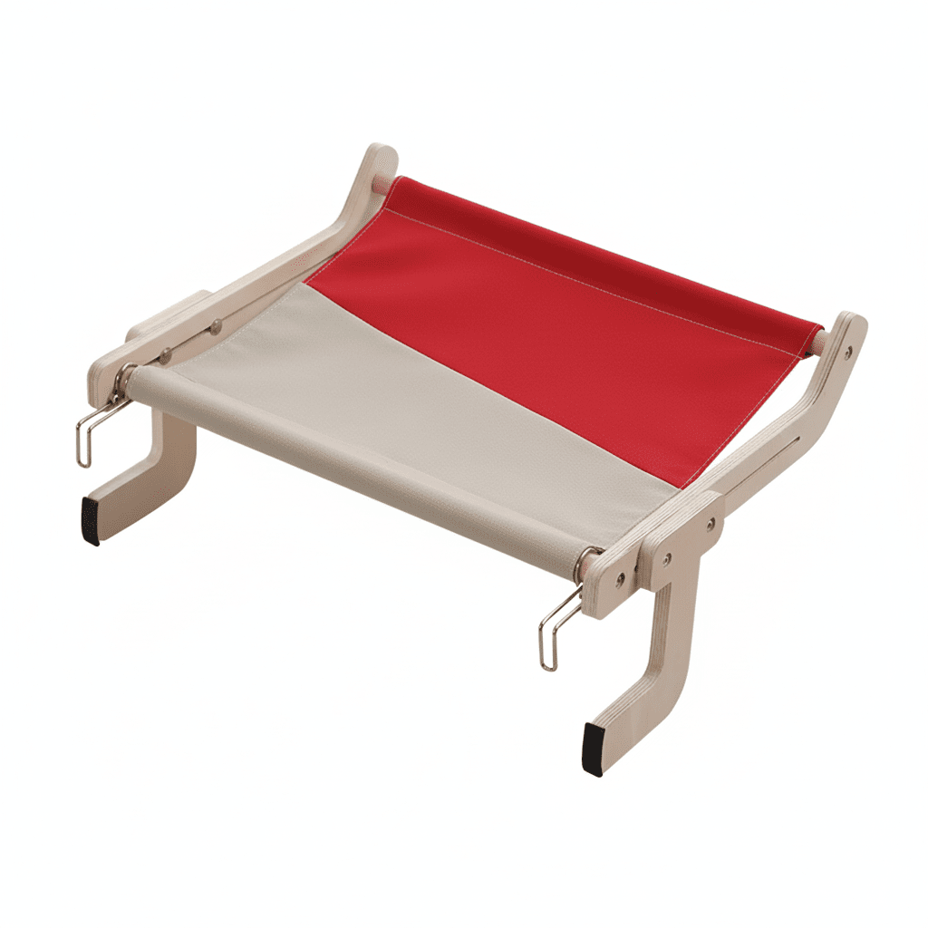 Couchage suspendu pour chat sur cadre en bois clair, toile rouge et grise, crochets en métal aux extrémités