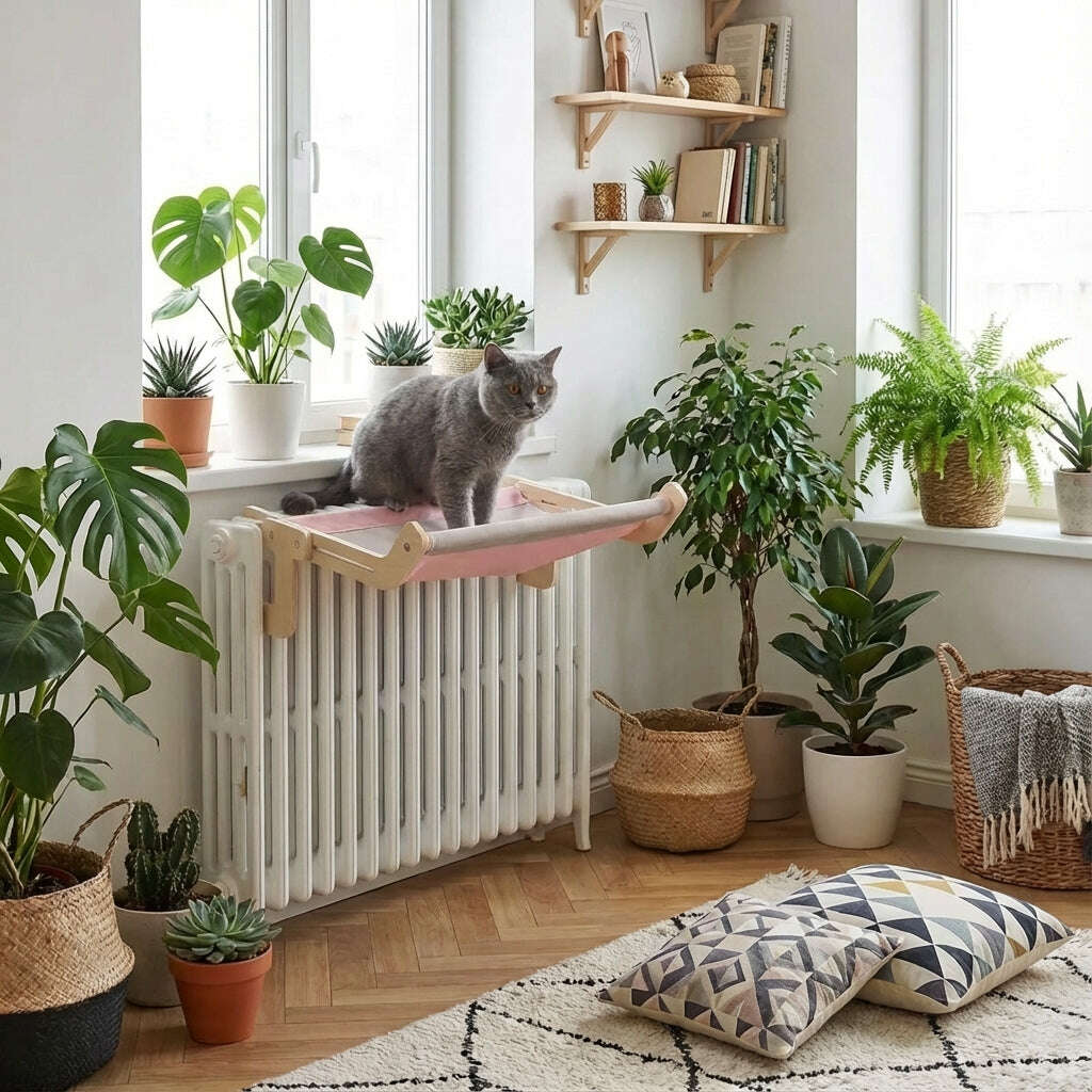 Chat gris assis sur un hamac rose et beige installé sur un radiateur blanc sous une fenêtre