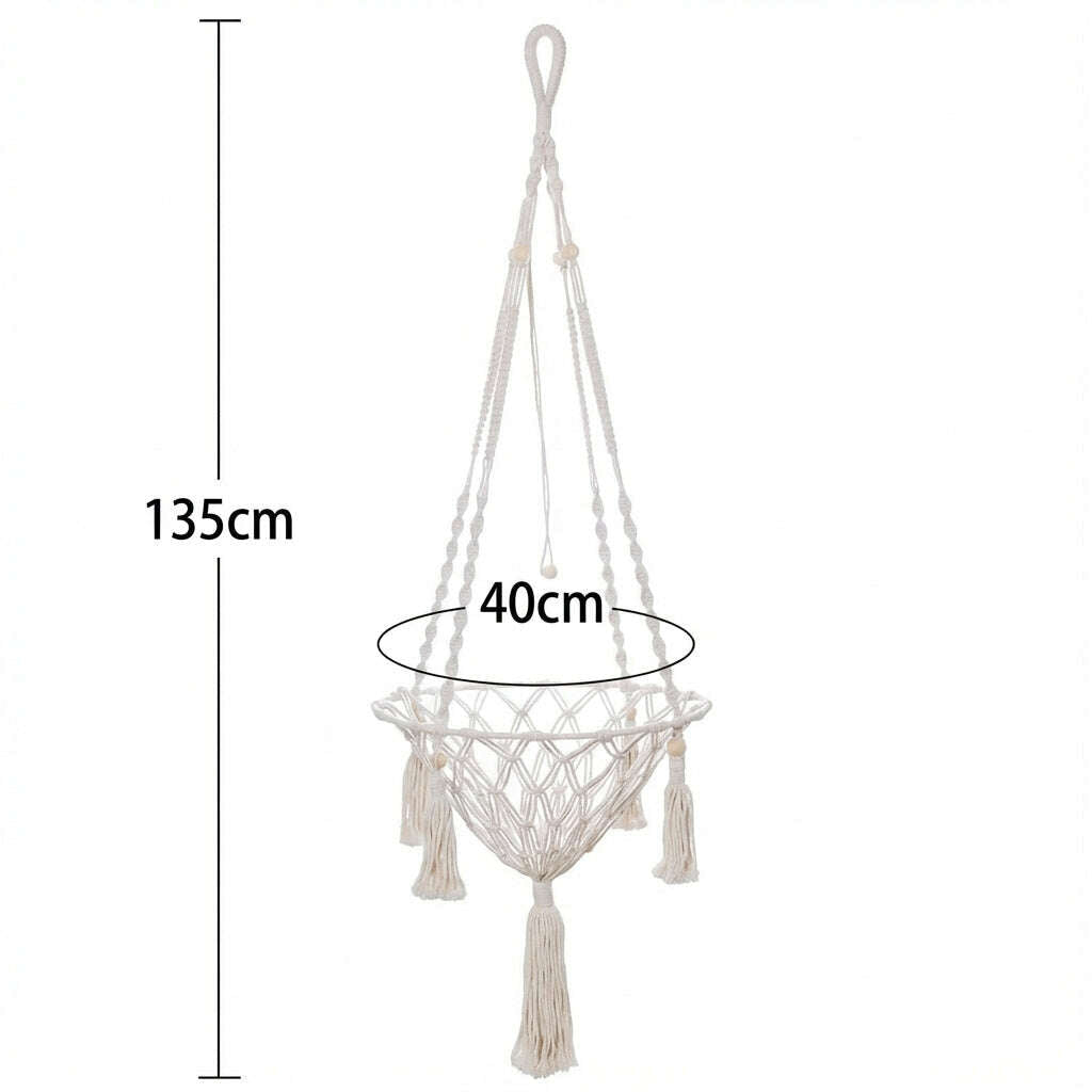 Schéma des dimensions du hamac suspendu en macramé : hauteur totale 135 cm, diamètre du panier 40 cm
