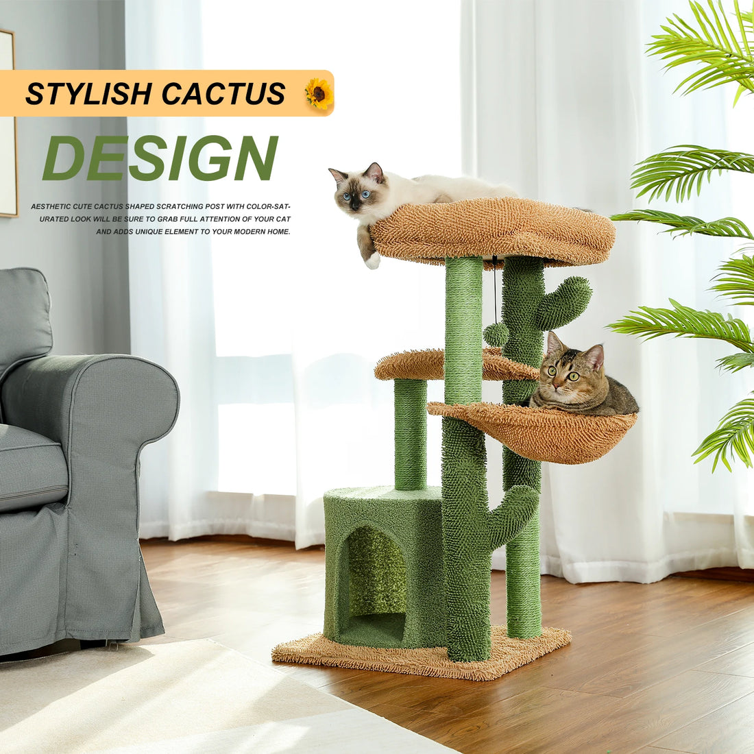 Arbre à chat en forme de cactus au design décoratif dans un salon