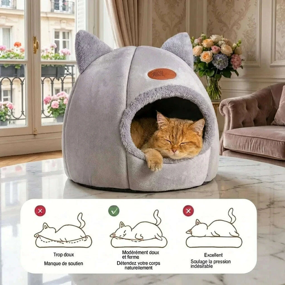Chat roux endormi dans un dôme gris, avec schéma comparant trois fermetés de couchage dont le bon soutien