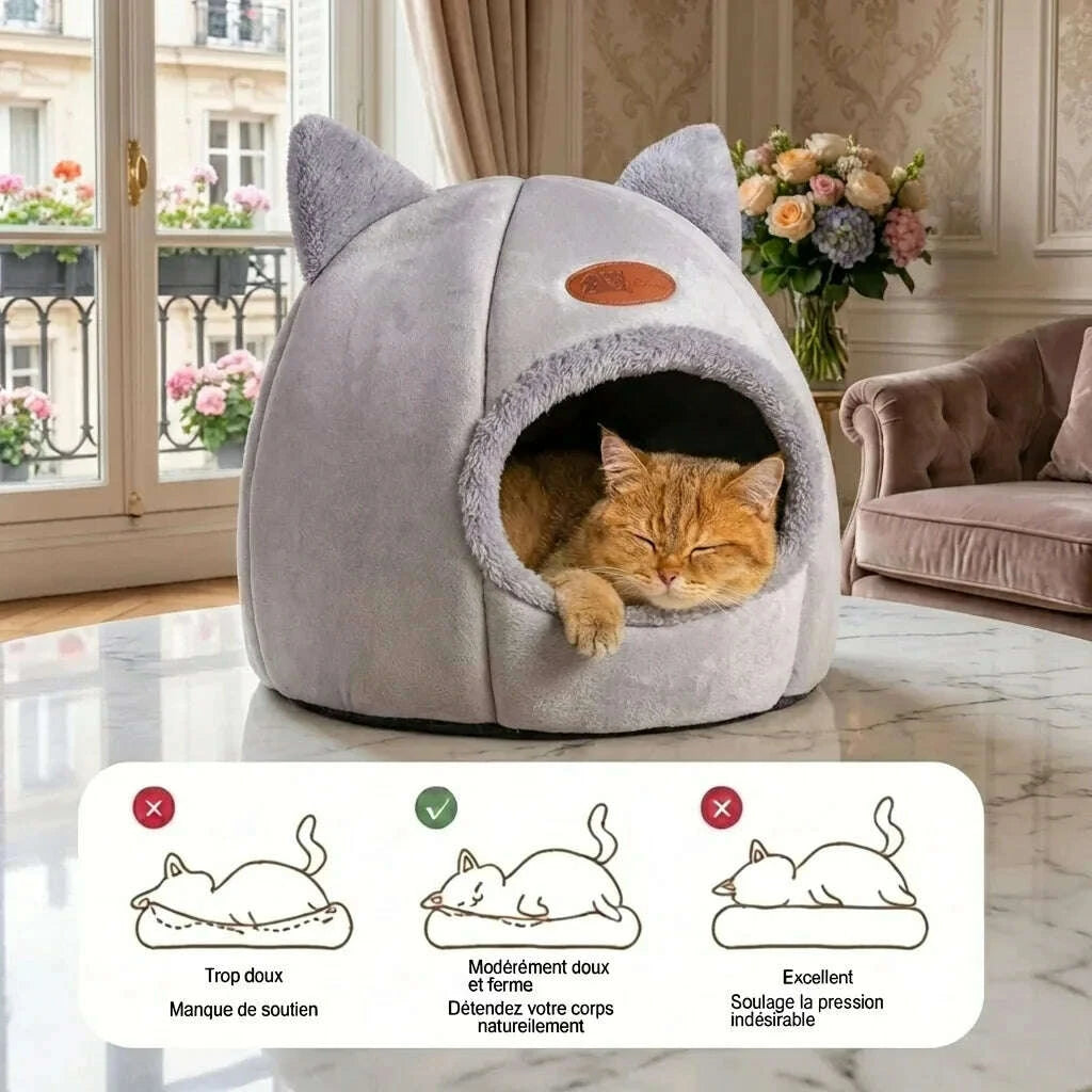 Chat roux endormi dans un dôme gris, avec schéma comparant trois fermetés de couchage dont le bon soutien