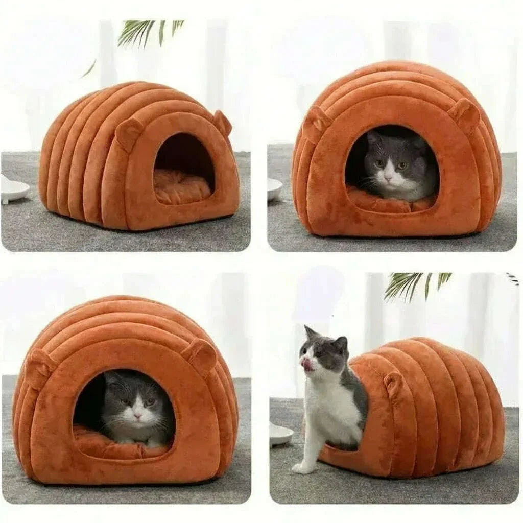 Quatre vues du refuge orange brique pour chat : de face, chat gris et blanc à l'intérieur, chat debout devant