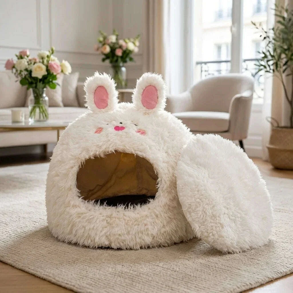 Grotte lapin blanche pour chat, coussin rond détaché à côté, installée sur un tapis dans un salon