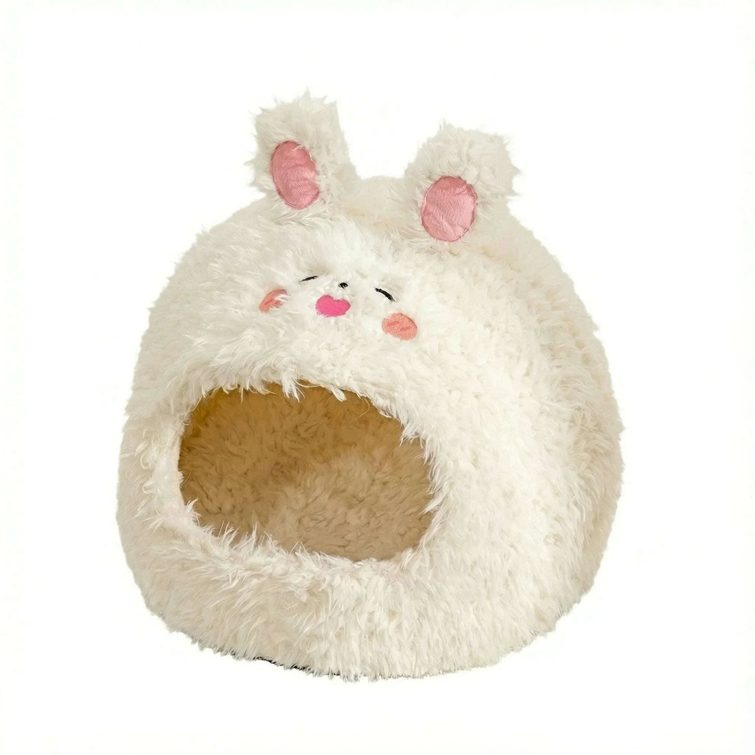 Abri pour chat en forme de lapin, peluche blanche à oreilles roses et intérieur beige, vue de trois quarts