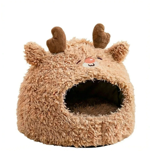Niche douillette pour chat en forme de renne, peluche beige avec bois marron et nez rose