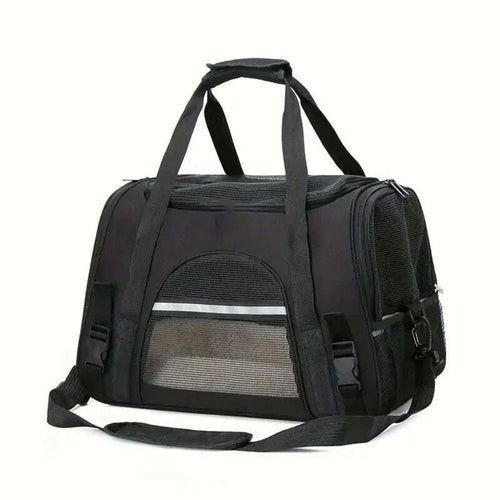 Sac de transport souple noir pour chat, vu de trois quarts, avec fenêtre en filet et bandoulière