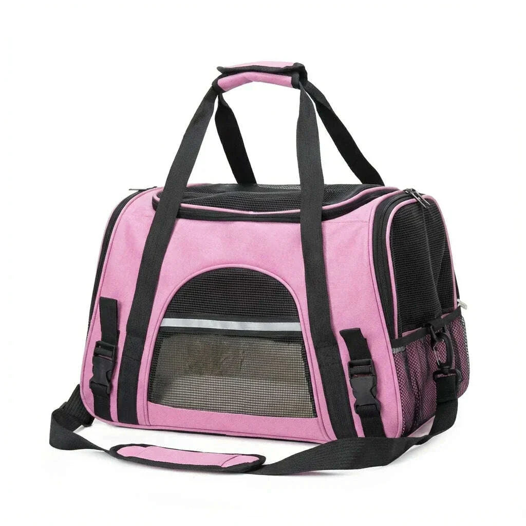 Panier de transport rose pour chat avec fenêtre en maille et sangles noires, présenté sur fond blanc
