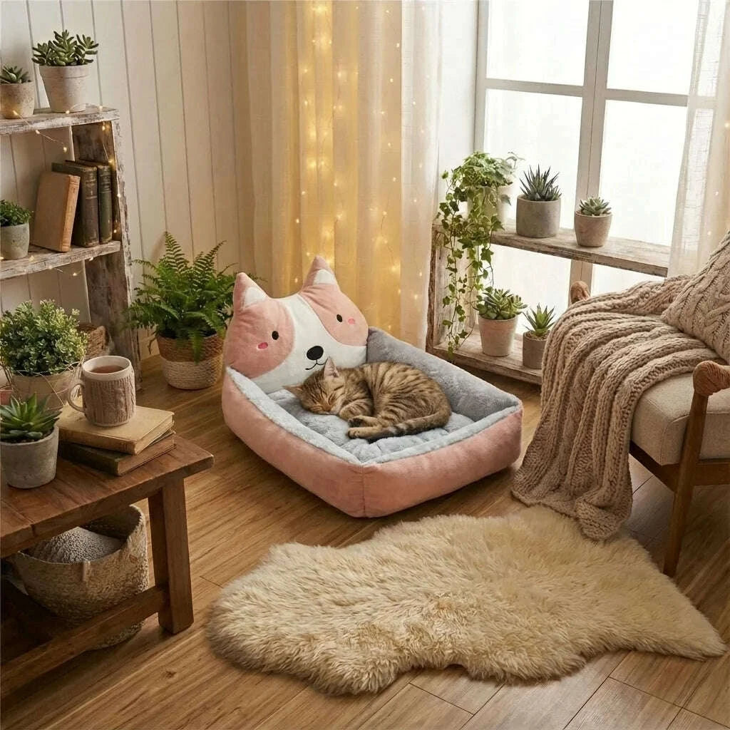 Chat tigré endormi dans un lit rose à oreilles pointues et garniture grise, posé près d'un tapis moelleux