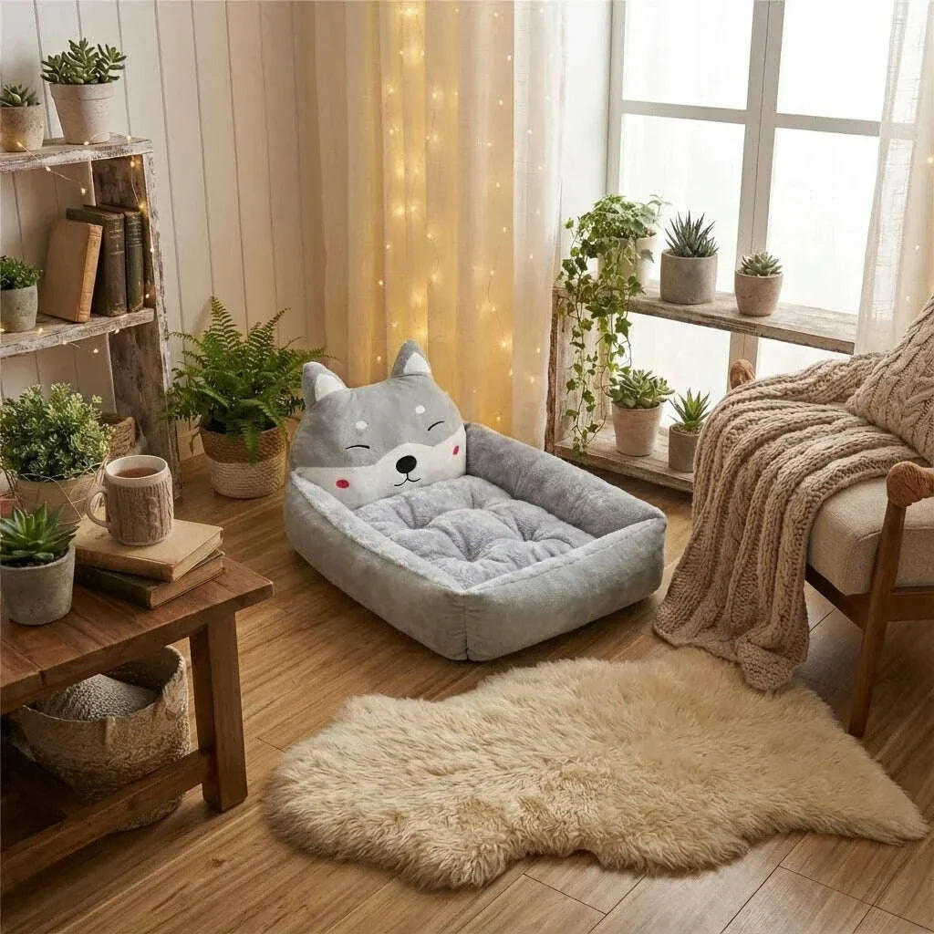 Corbeille grise à tête de husky posée dans un salon cosy, près d'une fenêtre, d'un tapis à poils longs et de plantes