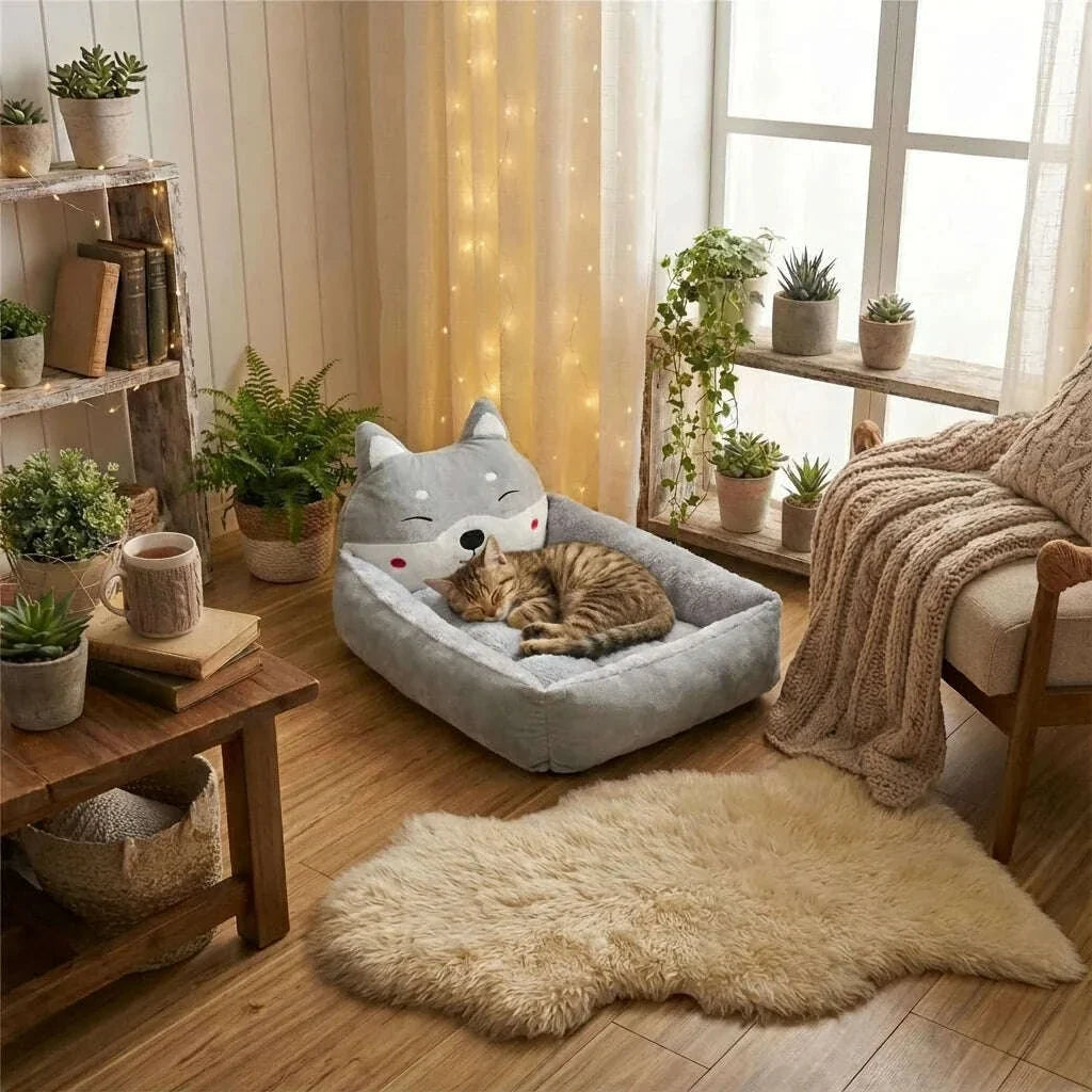Chat tigré roulé en boule qui dort dans un coussin gris à oreilles de husky, sur le parquet d'un salon lumineux