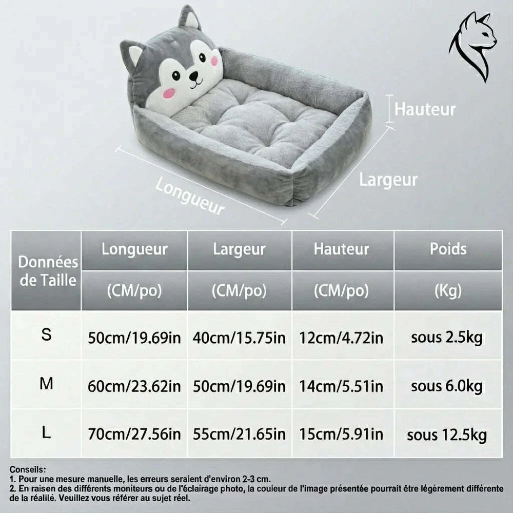 Schéma des dimensions du panier husky gris : S 50 × 40 × 12 cm, M 60 × 50 × 14 cm, L 70 × 55 × 15 cm, jusqu'à 12,5 kg