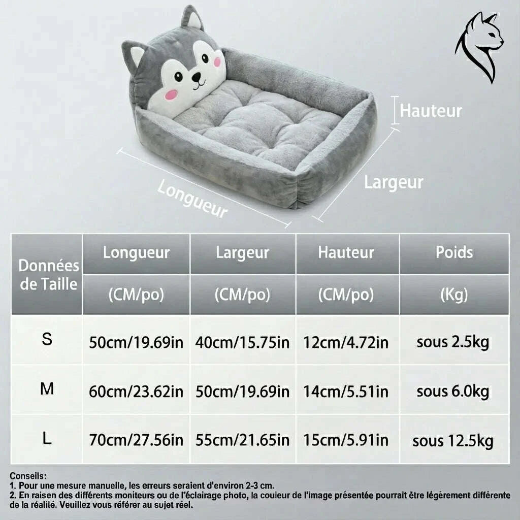 Schéma des dimensions du panier husky gris : S 50 × 40 × 12 cm, M 60 × 50 × 14 cm, L 70 × 55 × 15 cm, jusqu'à 12,5 kg