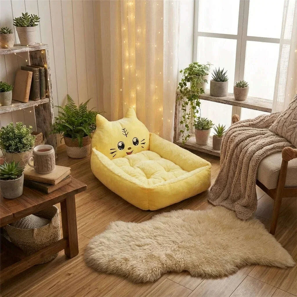 Corbeille jaune à bords rembourrés et tête de chat brodée, placée dans un décor chaleureux avec guirlande lumineuse