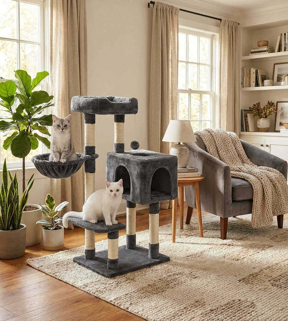 Griffoir sur pied gris foncé installé dans un séjour, avec un chat tigré dans le hamac et un chat blanc devant