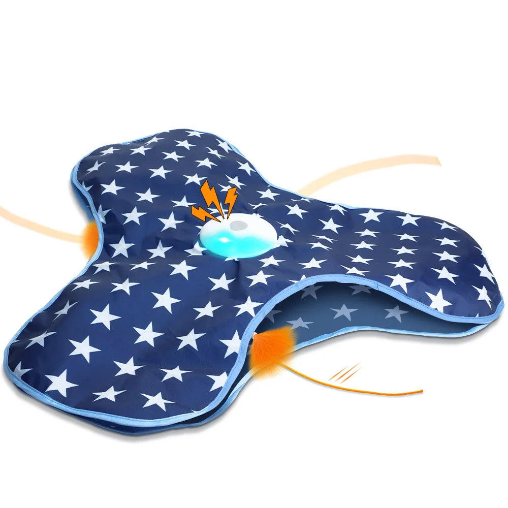 Tapis de jeu cache-cache bleu marine à étoiles blanches et liseré bleu clair, boîtier lumineux au centre