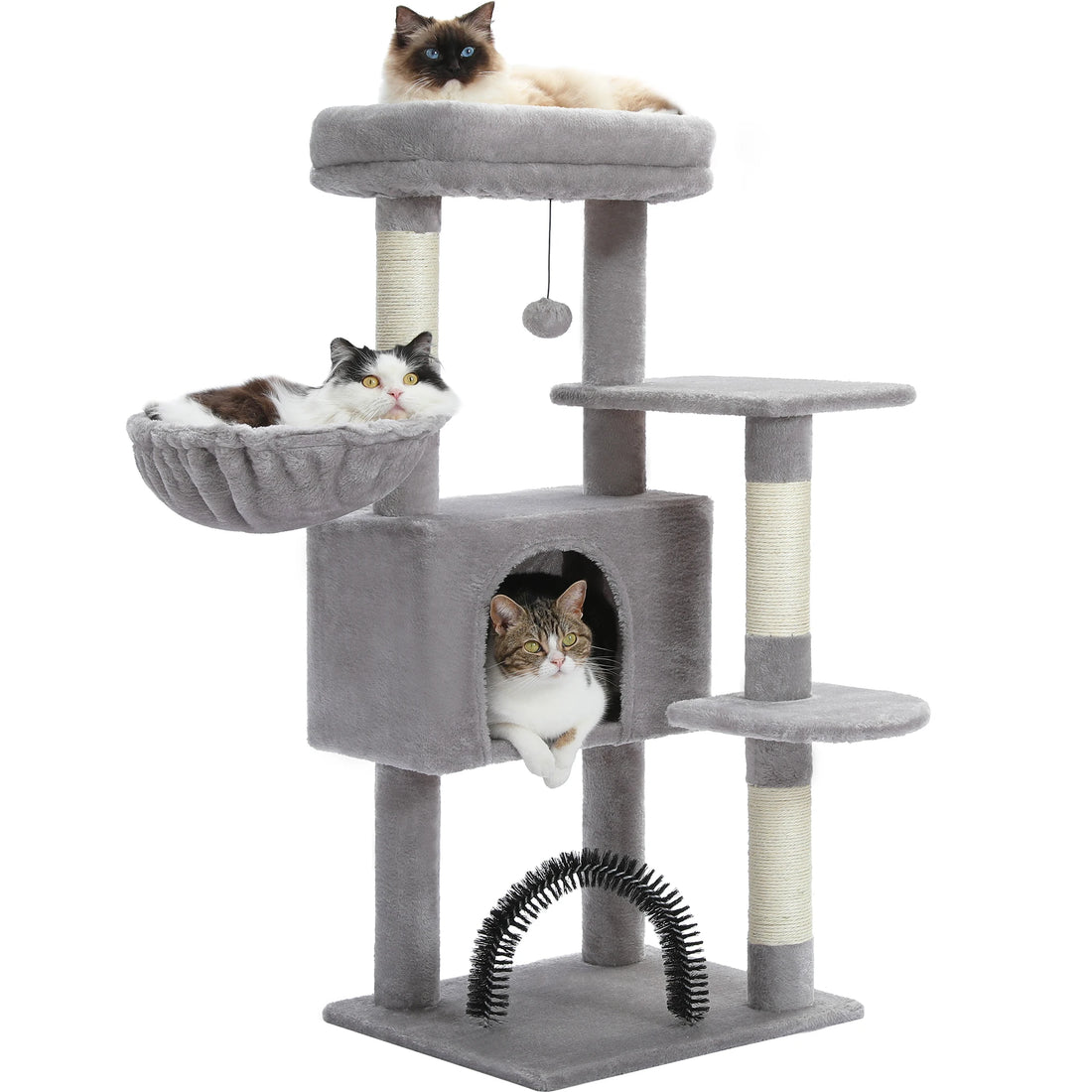 Meuble à chat gris perle avec ragdoll en haut, chat tricolore dans le hamac et tigré blanc dans la niche