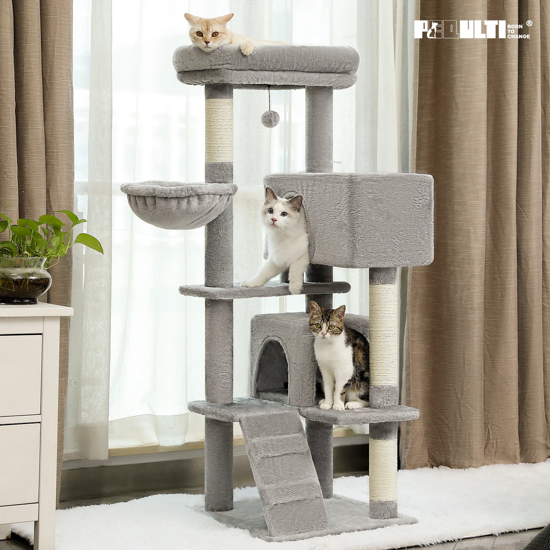 White cat tree with round condo