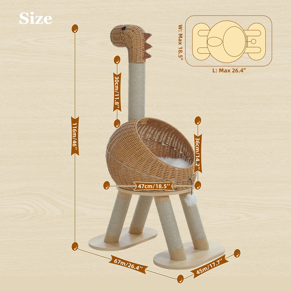 Schéma des dimensions de l'arbre à chat dinosaure : 116 cm de haut, base de 67 × 45 cm, nid de 47 cm