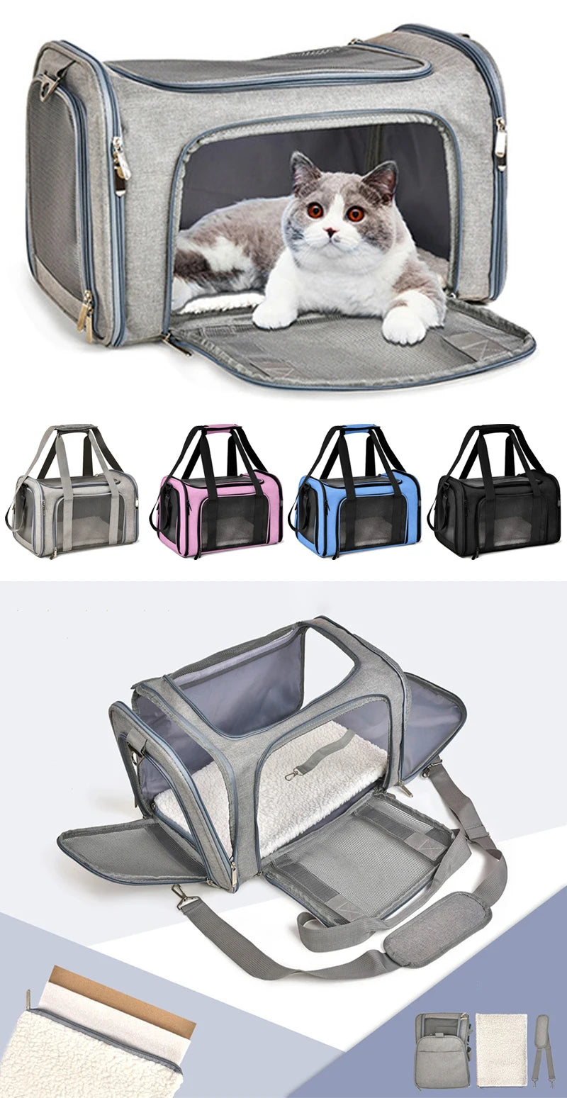 Chat gris et blanc allongé dans un sac de transport gris ouvert, avec coloris disponibles et tapis en laine amovible
