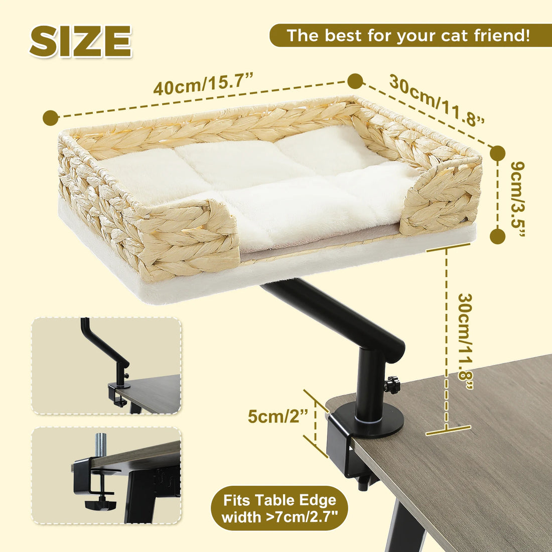 Schéma des dimensions du panier de bureau : 40 × 30 × 9 cm, bras de 30 cm, pince de 5 cm pour plateau de 7 cm mini