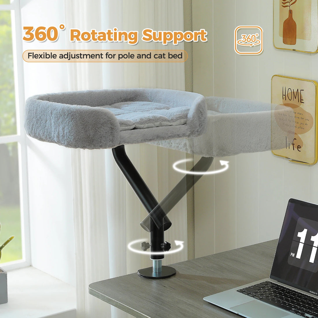 Support pivotant à 360° pour lit de chat gris clair, bras noir réglable fixé sur un bureau avec ordinateur portable