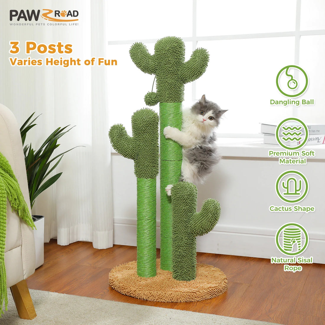 Chaton gris et blanc agrippé au poteau de cet arbre à chat en forme de cactus, base beige, salon lumineux