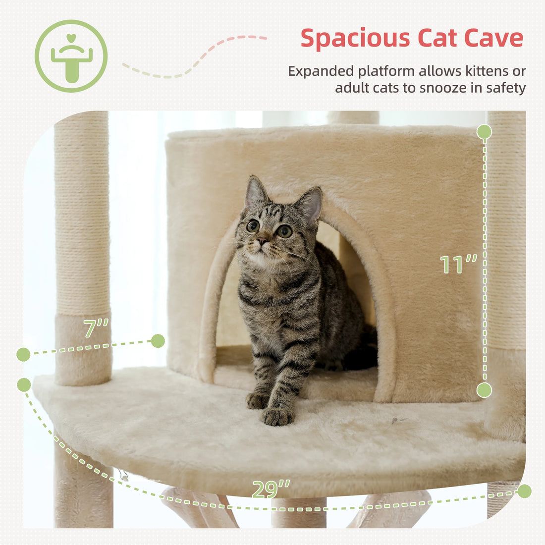 Chat tigré assis devant la niche en peluche beige de l'arbre, avec cotes de la plateforme indiquées en pouces