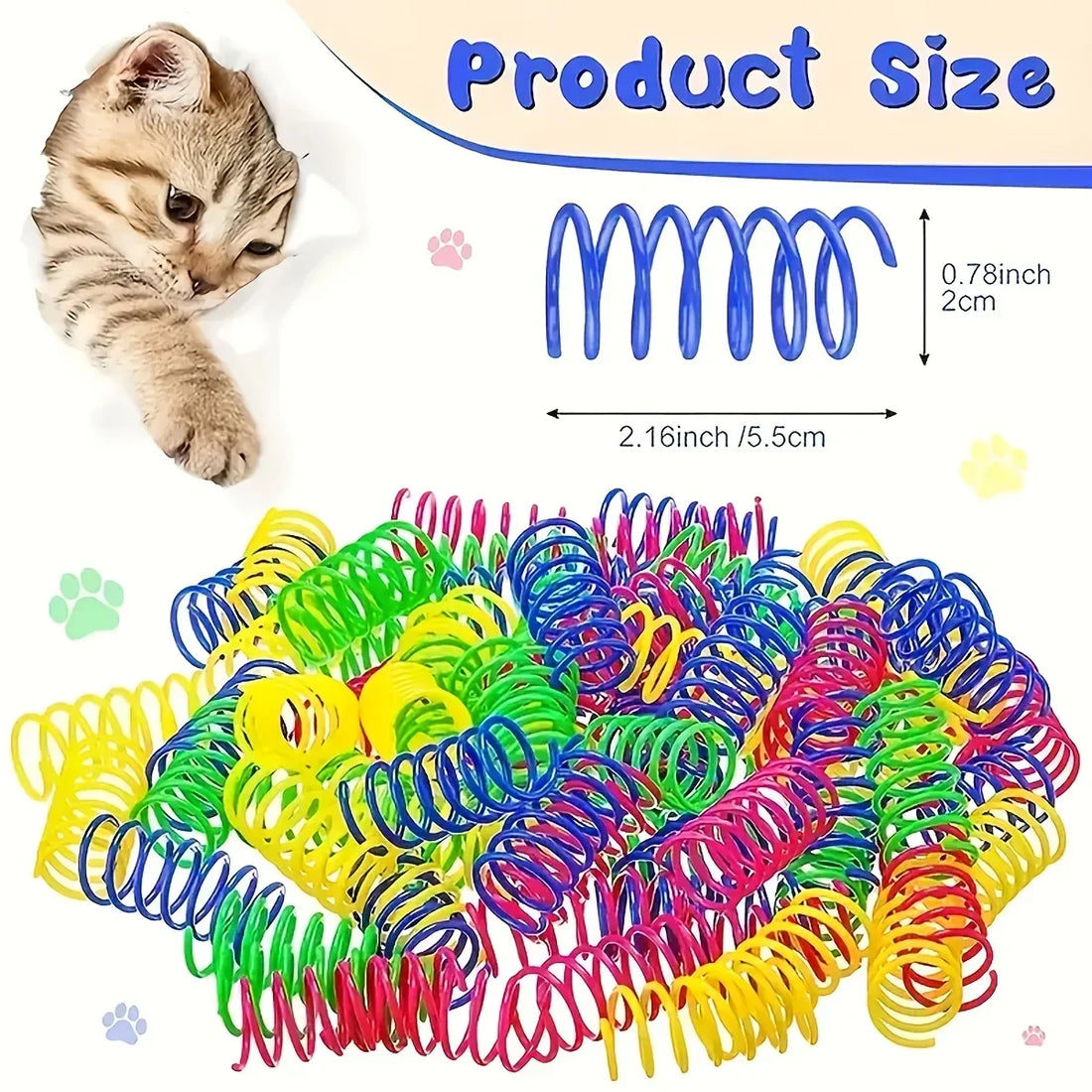 Ressorts colorés en plastique pour chat, cotes 5,5 cm de long sur 2 cm de haut, avec un chaton tigré