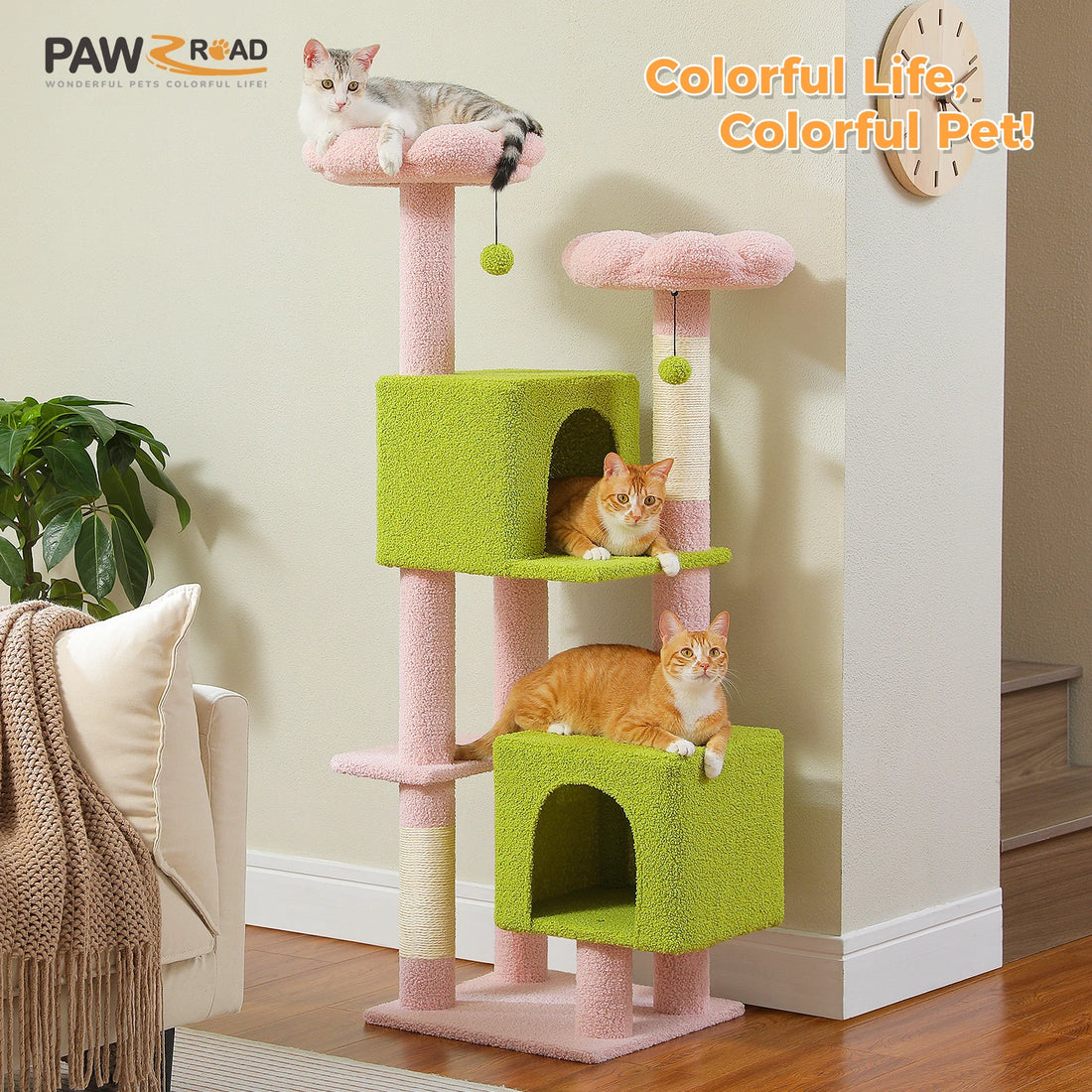 Arbre à chat rose et vert anis dans un salon, chat tigré en haut, un chat roux dans la niche et un autre sur le toit