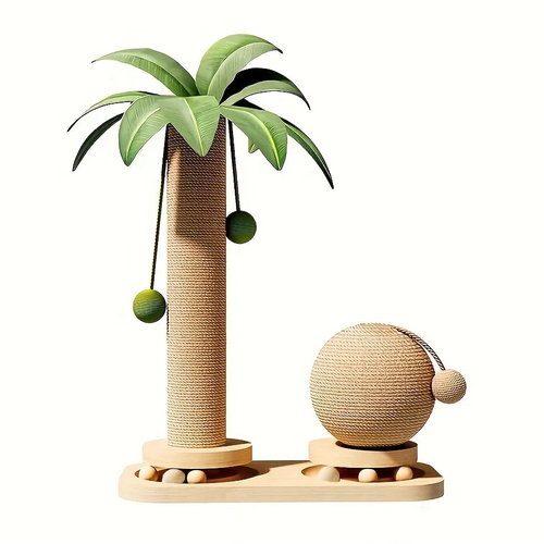 Arbre à chat cocotier en sisal avec feuilles vertes, boule griffoir et base en bois sur fond blanc
