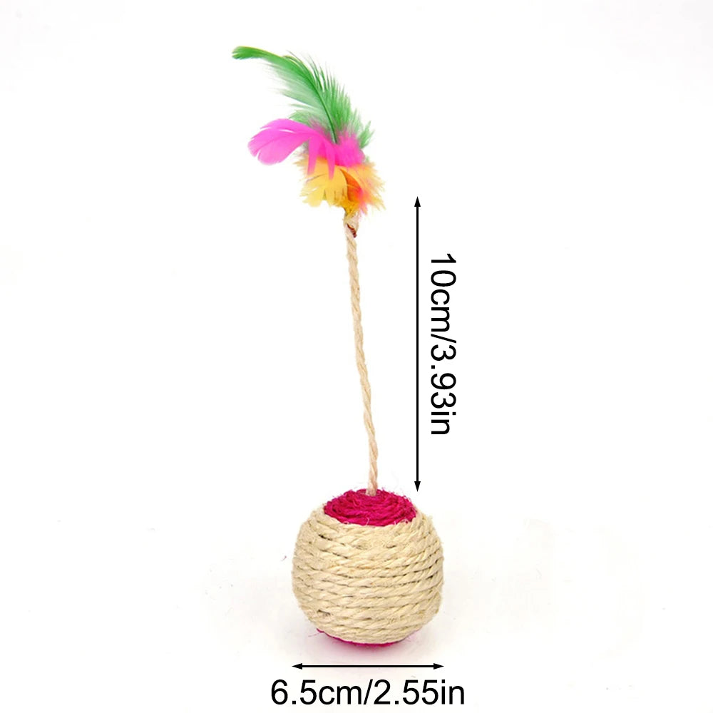 Schéma des dimensions de la balle à plumes en sisal : hauteur de tige 10 cm, diamètre de la balle 6,5 cm