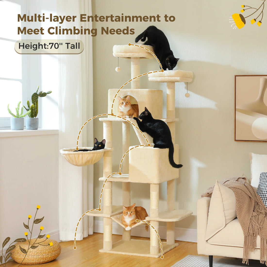 Arbre à chat beige de 70 pouces avec chats noirs et roux grimpant entre niches, panier suspendu et hamac