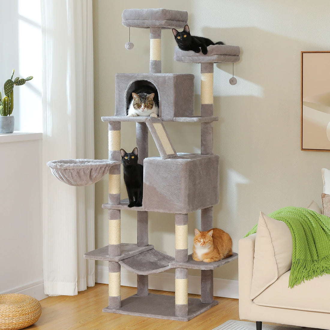 Arbre à chat gris installé au salon avec quatre chats, deux noirs, un tigré dans la niche et un roux couché
